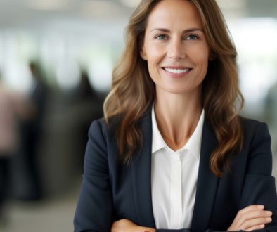 Happy confident business woman leader looking away standing in office. Smiling professional businesswoman manager executive, female worker feeling cheerful thinking of financial success.