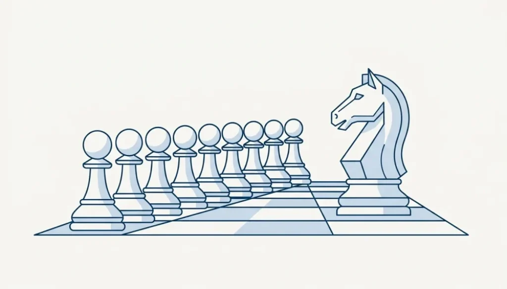 Line illustration of a chess knight standing apart from a row of identical pawns