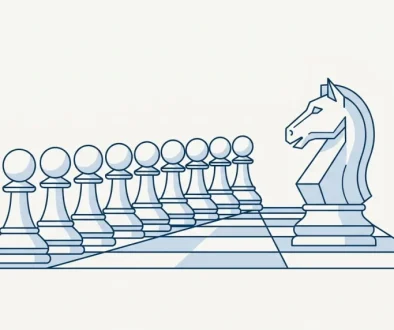 Line illustration of a chess knight standing apart from a row of identical pawns