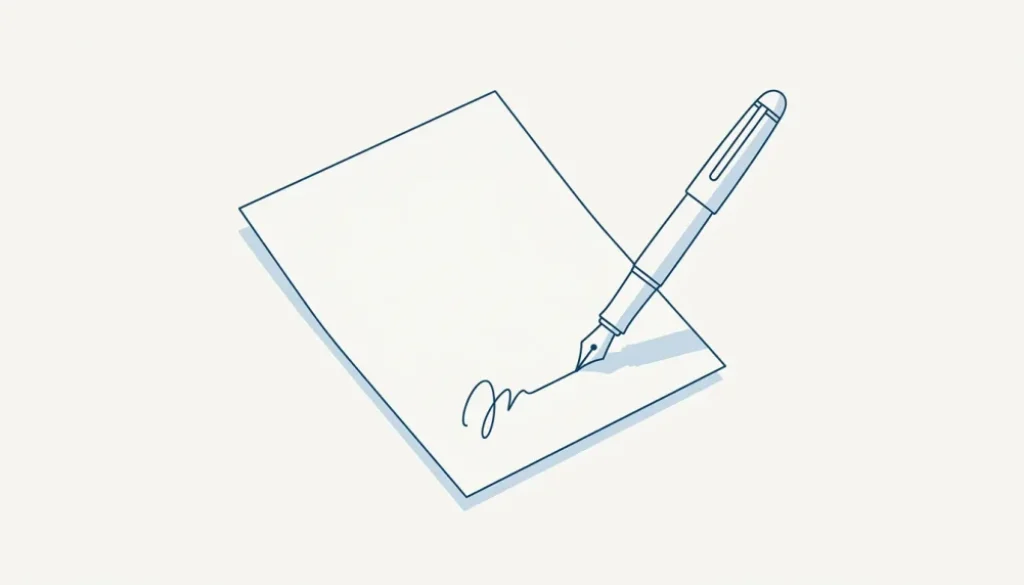 Line illustration of a fountain pen resting at the signature line of a single sheet of paper