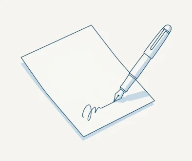 Line illustration of a fountain pen resting at the signature line of a single sheet of paper