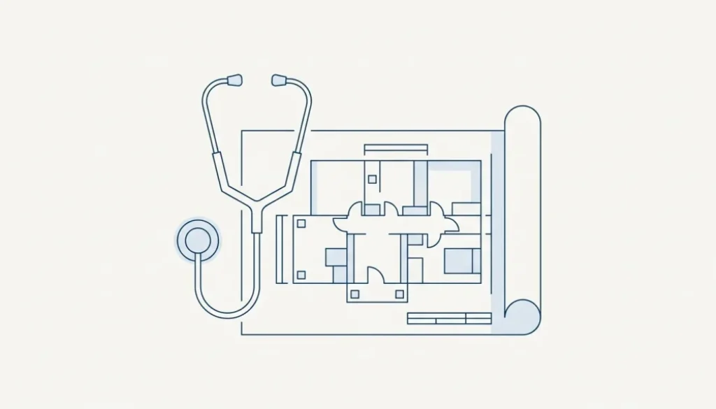 Line illustration of a stethoscope resting on an unrolled architectural blueprint
