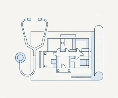 Line illustration of a stethoscope resting on an unrolled architectural blueprint