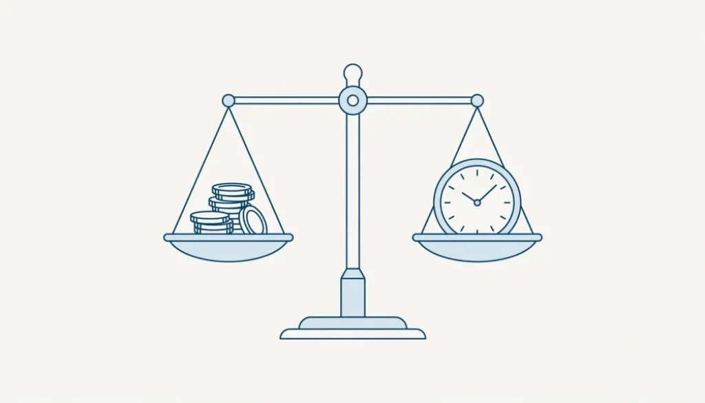 Line illustration of a balance scale weighing a stack of coins against a clock face