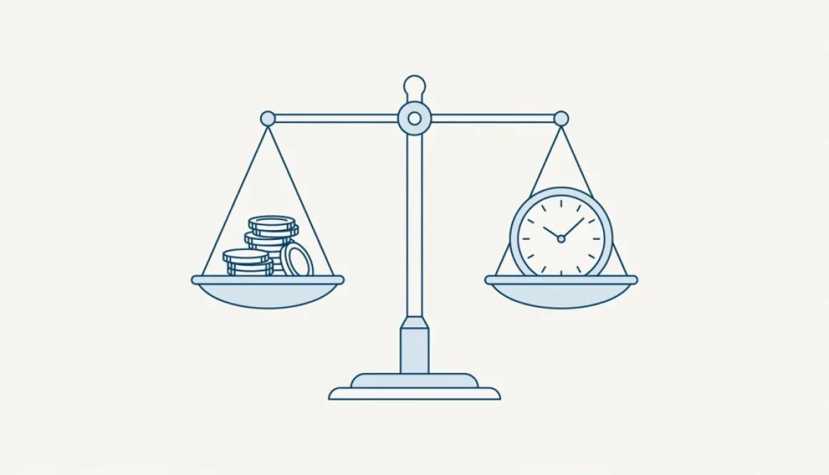 Line illustration of a balance scale weighing a stack of coins against a clock face