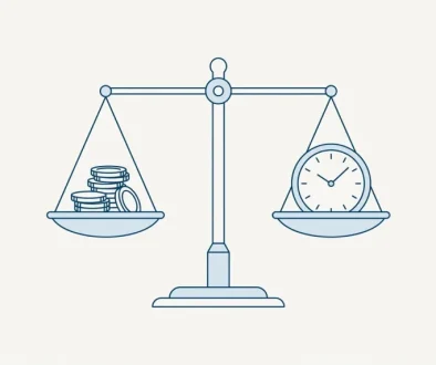 Line illustration of a balance scale weighing a stack of coins against a clock face