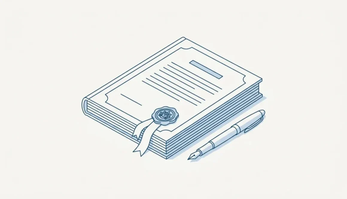 Line illustration of a sealed formal document with a ribbon and a fountain pen beside it