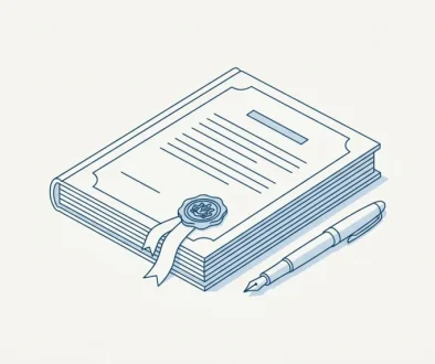 Line illustration of a sealed formal document with a ribbon and a fountain pen beside it
