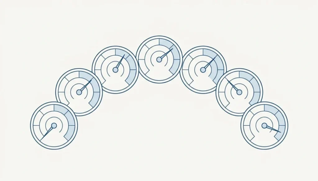 Line illustration of seven circular gauge dials arranged in an arc