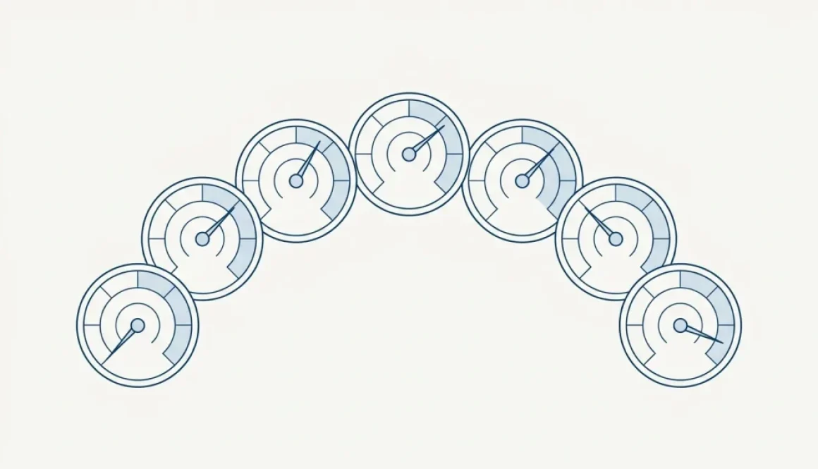 Line illustration of seven circular gauge dials arranged in an arc
