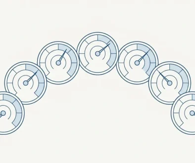 Line illustration of seven circular gauge dials arranged in an arc