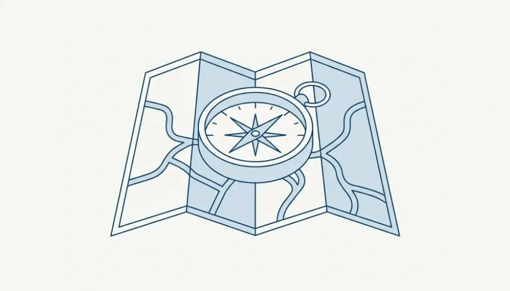 Line illustration of a mariner's compass resting on a folded map showing branching routes
