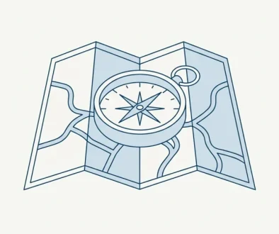 Line illustration of a mariner's compass resting on a folded map showing branching routes