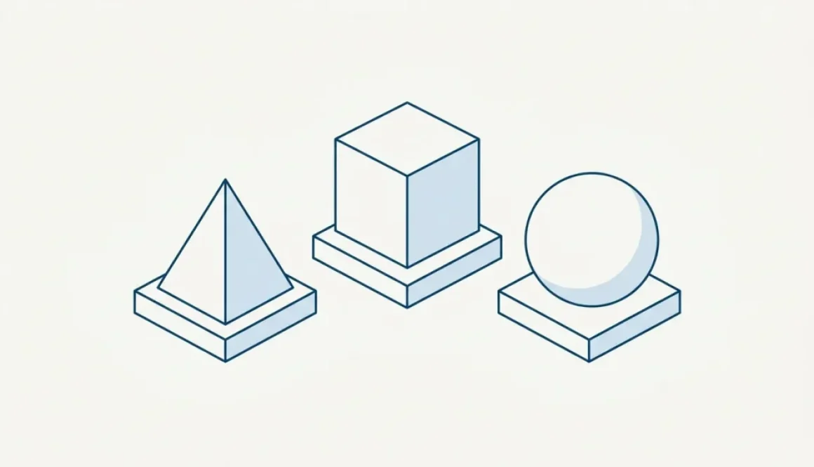 Line illustration of a cube, a sphere and a pyramid sorted onto three separate plinths