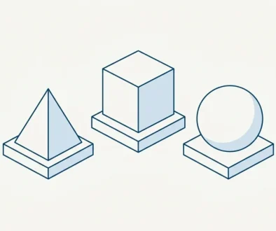 Line illustration of a cube, a sphere and a pyramid sorted onto three separate plinths