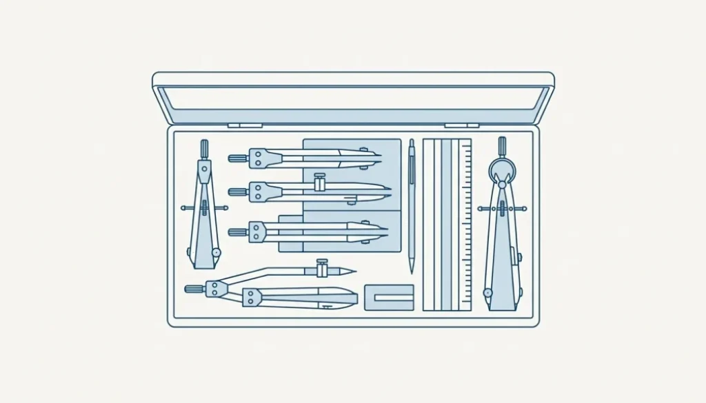 Line illustration of an open case of precision drafting instruments laid out in rows