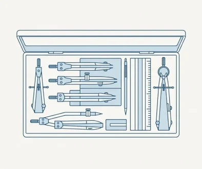 Line illustration of an open case of precision drafting instruments laid out in rows