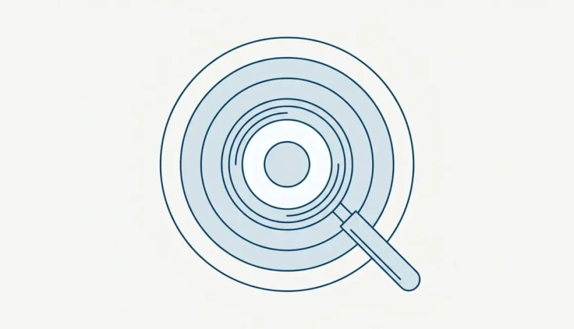 Line illustration of a magnifying glass held above four concentric rings